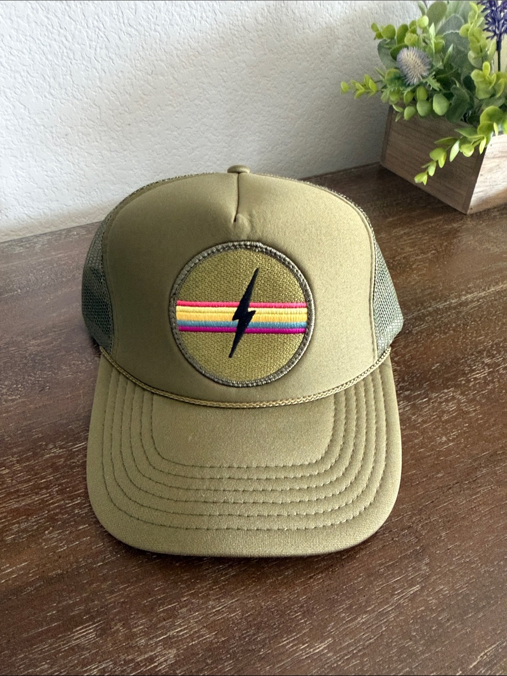 Friday Feelin’ Electric Olive Green Trucker Hat with Lightning Patch